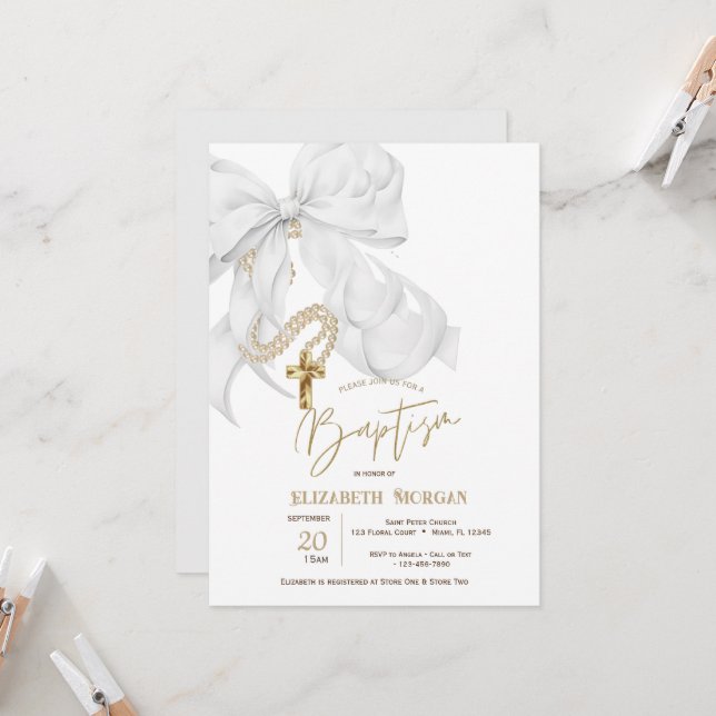 Invitación Bautismo de perlas de arco blanco acuarela (Anverso/Reverso In Situ)