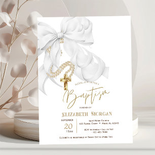 Invitación Bautismo de perlas de lazo blanco acuarela