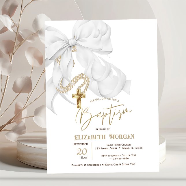 Invitación Bautismo de perlas de lazo blanco acuarela (Subido por el creador)