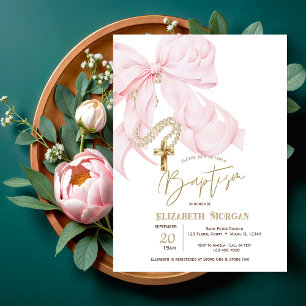 Invitación Bautismo de perlas de lazo rosa acuarela Cruz punt