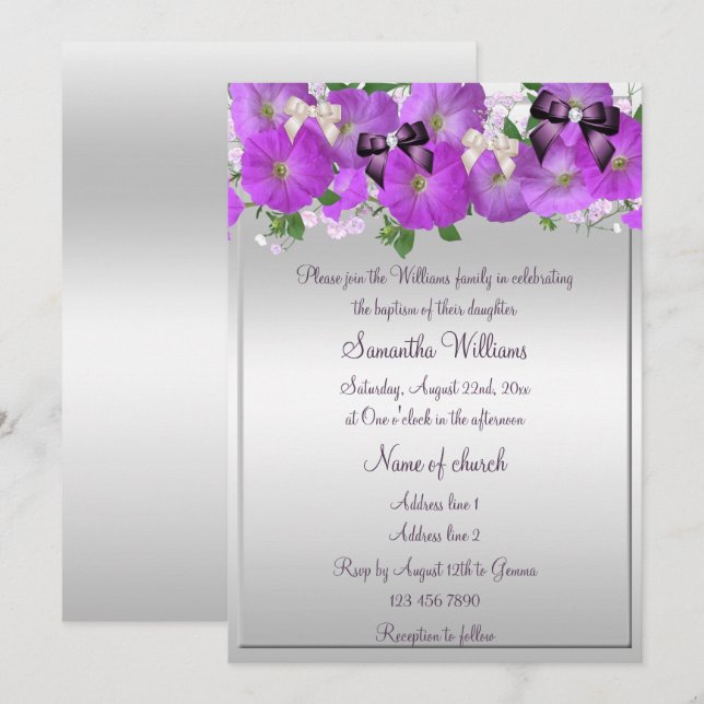 Invitación Bautismo de Petunias y vacas Chicas (Anverso / Reverso)