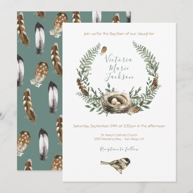 Invitación Bautismo de plumas de aves acuarelas de Woodland (Anverso / Reverso)