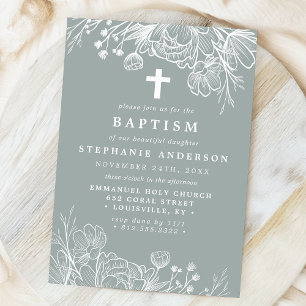Invitación Bautismo de Polvo de Salvia y Floral Blanco