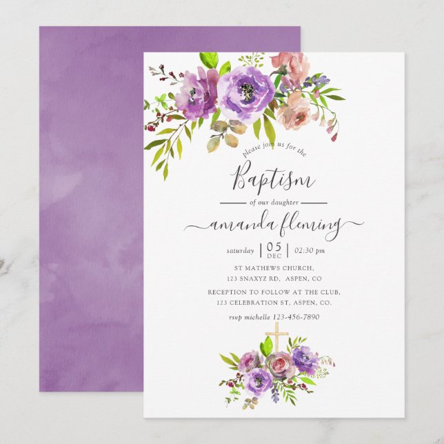 Invitación Bautismo de primavera con flores en acuarela (Anverso / Reverso)
