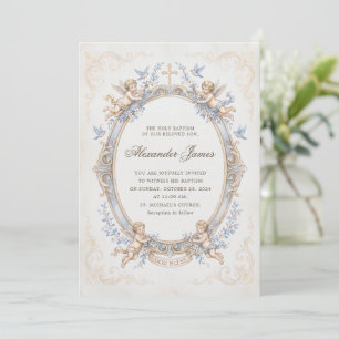 Invitación Bautismo de querubín del Renacimiento azul vintage