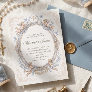 Invitación Bautismo de querubín del Renacimiento azul vintage