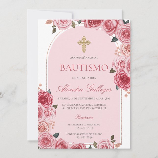 Invitación Bautismo de ramo de rosa (Anverso)