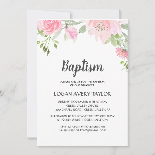 Invitación Bautismo de Rubor Peonies (Anverso)