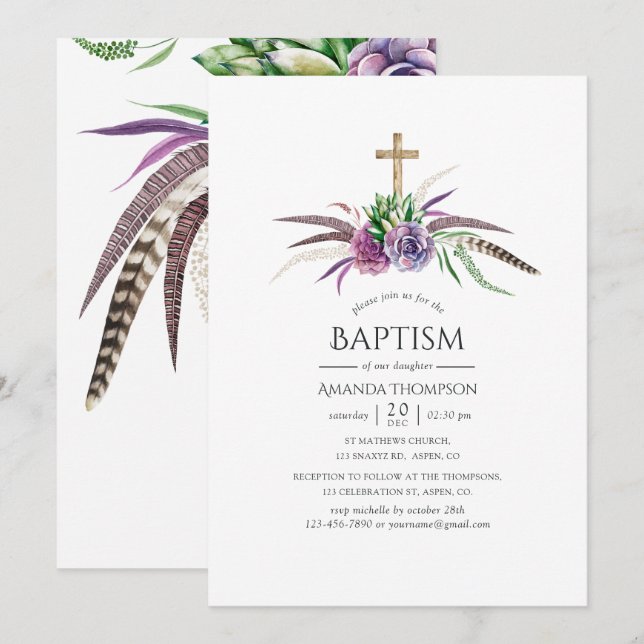 Invitación Bautismo de Suculentas Boho Místicas (Anverso / Reverso)