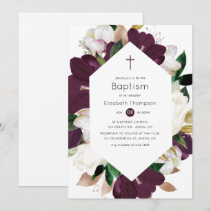 Invitación Bautismo de terciopelo ciruela oscuro y floral bla