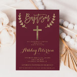 Invitación Bautismo de tipografía elegante de color burdeos d<br><div class="desc">Tipografía de Relieve metalizado de oro falso burdeos rojo elegante con bautismo de cruz de oro. Una moderna invitación a la fiesta del bautismo con esta moderna, sencilla, elegante y moda tipografía con letras de la mano del cepillo amarillo de oro en un fondo rojo burdeos. Perfecto para un fiesta...</div>