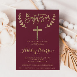 Invitación Bautismo de tipografía elegante de color burdeos d
