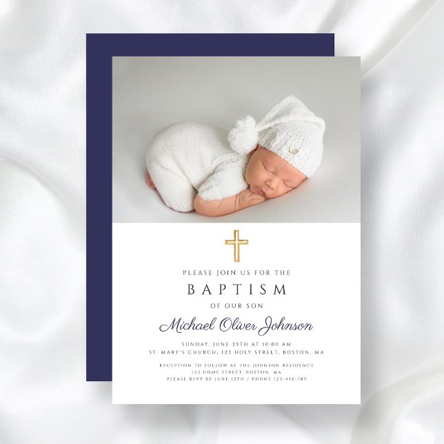 Invitación Bautismo de travesía religiosa azul de la Marina m (Navy Blue Religious Cross Boy Photo Baptism Invitation)