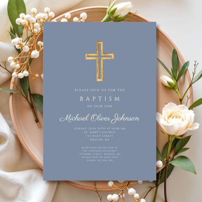 Invitación Bautismo de travesía religiosa azul y polvoriento (Modern Dusty Blue Religious Cross Boy Baptism Invitation)