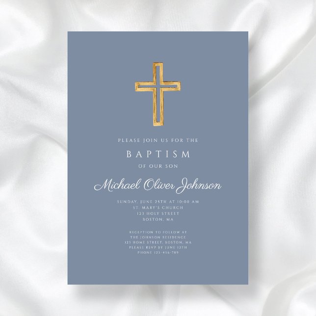 Invitación Bautismo de travesía religiosa azul y polvoriento (Modern Dusty Blue Religious Cross Boy Baptism Invitation)