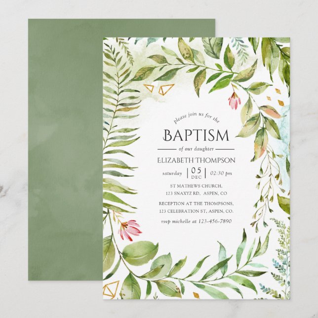 Invitación Bautismo de vegetación geométrica de cristal (Anverso / Reverso)