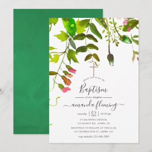 Invitación Bautismo de vegetación primaveral en acuarela