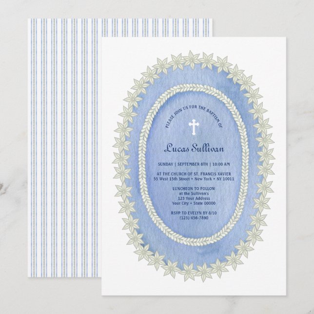 Invitación Bautismo del marco azul oval (Anverso / Reverso)