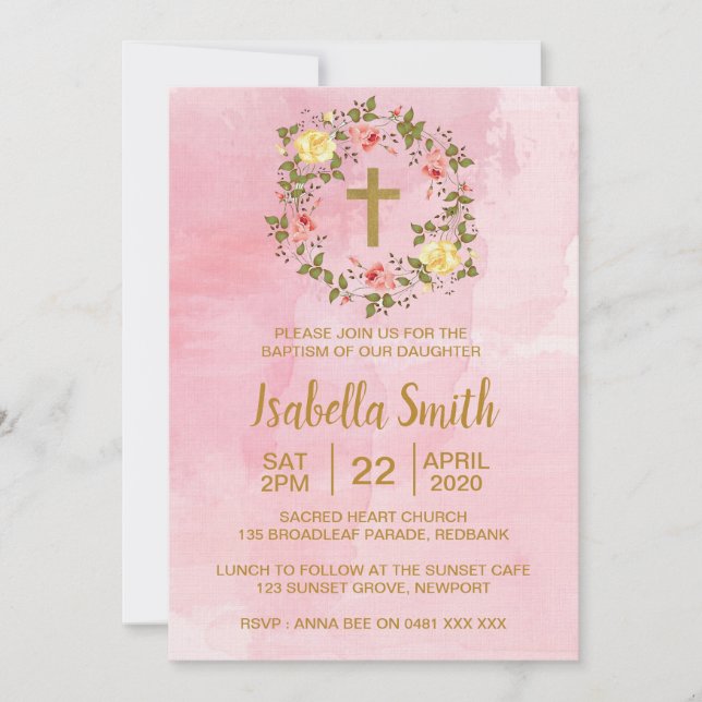 Invitación Bautismo del oro rosado/invitación florales del (Anverso)