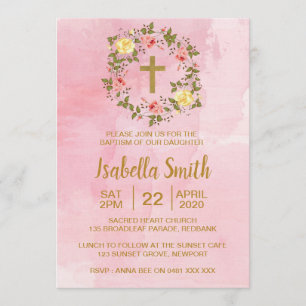 Invitación Bautismo del oro rosado/invitación florales del