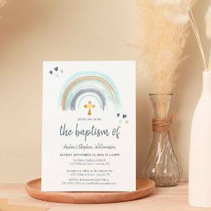 Invitación Bautismo Dusty Blue y Blanco Boho Arcoíris
