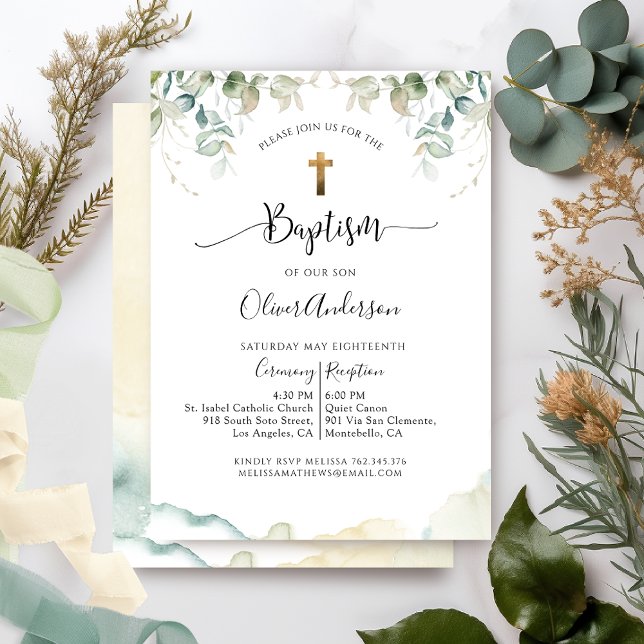 Invitación Bautismo, elegancia de la vegetación y acuarela ni (Subido por el creador)