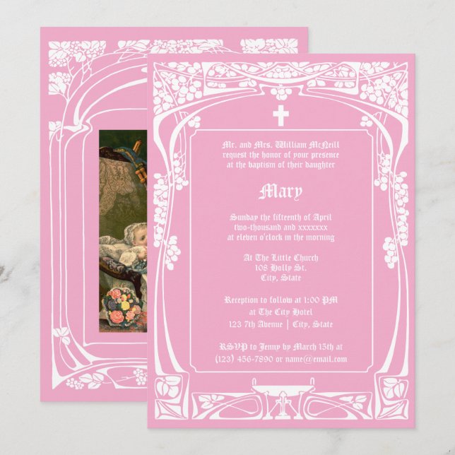 Invitación Bautismo elegante de estilo Art Nouveau (Anverso / Reverso)