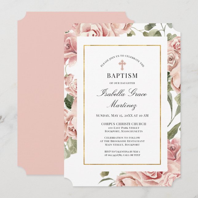 Invitación Bautismo elegante de la flor rosa rosa y polvorien (Anverso / Reverso)