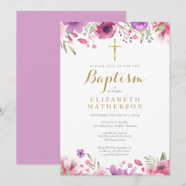 Invitación Bautismo Elegante Flor Rosa (Anverso / Reverso)
