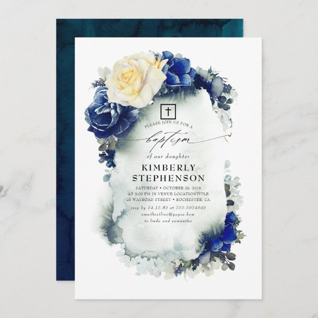 Invitación Bautismo elegante floral azul marino y amarillo (Anverso / Reverso)