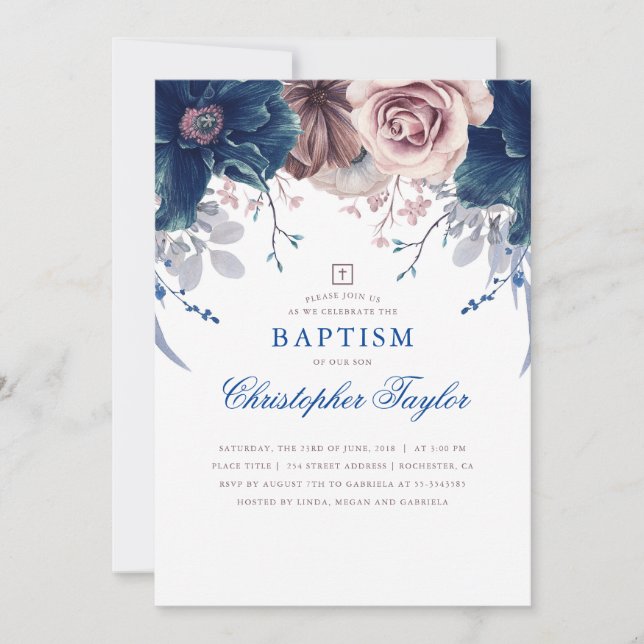 Invitación Bautismo elegante floral azul marino y malva (Anverso)