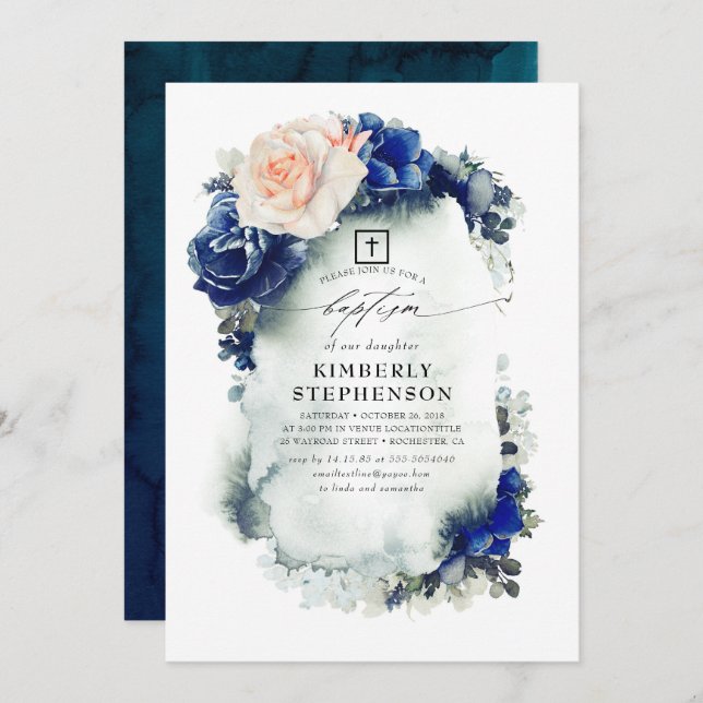 Invitación Bautismo elegante floral azul marino y melocotón (Anverso / Reverso)