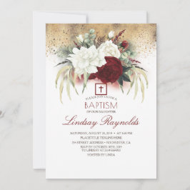 Invitación Bautismo elegante floral borgoñona y roja