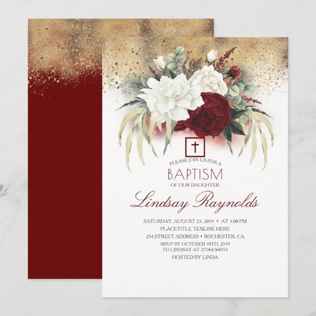 Invitación Bautismo elegante floral borgoñona y roja (Anverso / Reverso)