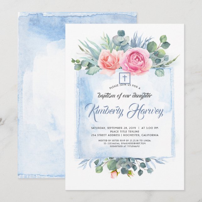 Invitación Bautismo elegante floral rosa y azul turbio (Anverso / Reverso)