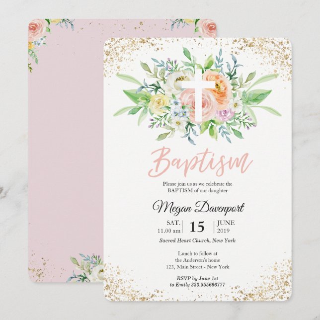 Invitación Bautismo elegante rosa y floral (Anverso / Reverso)