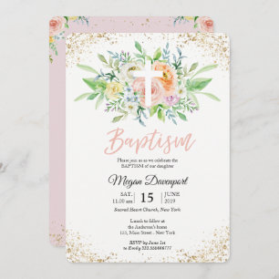 Invitación Bautismo elegante rosa y floral