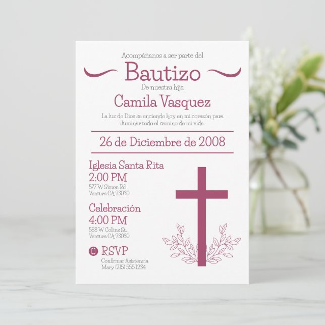 Invitación Bautismo en español cruza Bautizo y hojas (Anverso de pie)