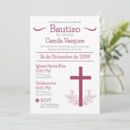 Invitación Bautismo en español cruza Bautizo y hojas
