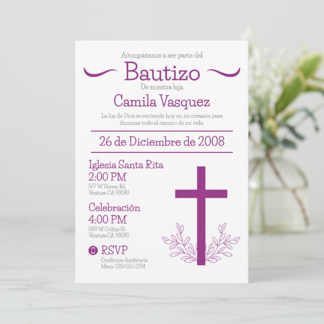 Invitación Bautismo en español cruza Bautizo y hojas (Anverso de pie)