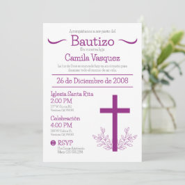 Invitación Bautismo en español cruza Bautizo y hojas