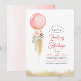 Invitación Bautismo en globo rosa pampas