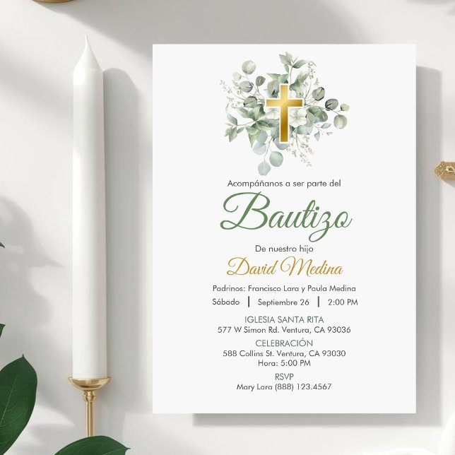 Invitación Bautismo en hojas verdes de cuta acuarela española (Subido por el creador)