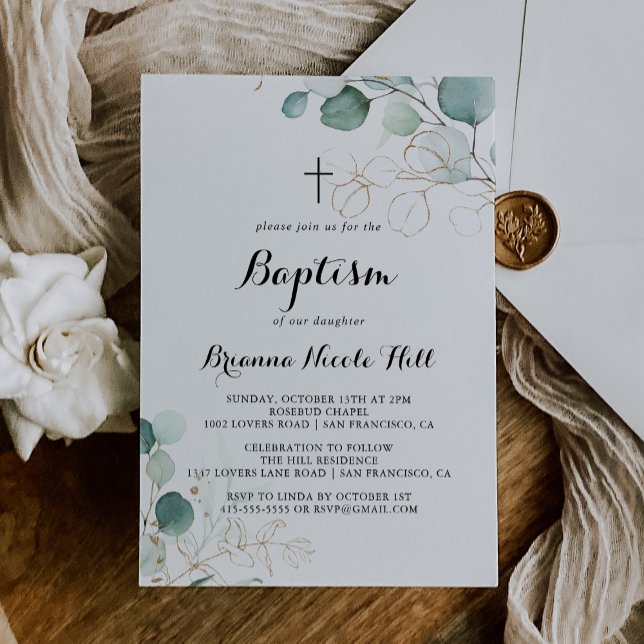 Invitación Bautismo en la caligrafía floral de oro de eucalip (Subido por el creador)