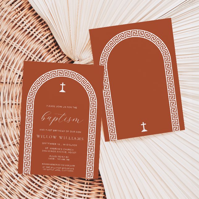 Invitación Bautismo en la terraza del arco de claves griegas (Baptism Invitation Greek Key Terracotta White )