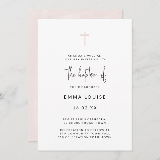 Invitación Bautismo escrito a mano con acuarela moderna minim (Anverso / Reverso)