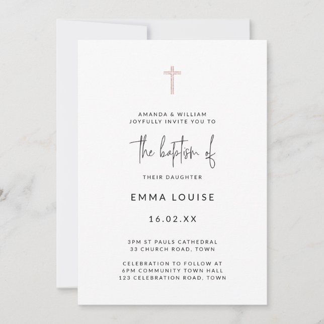 Invitación Bautismo escrito a mano cruzado con Purpurina de o (Anverso)