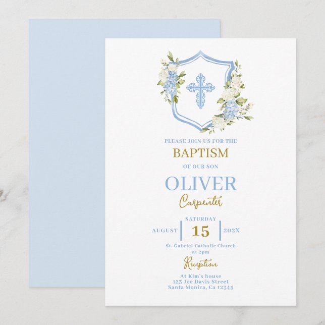 Invitación Bautismo Escudo azul floral (Anverso / Reverso)