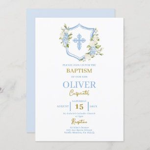 Invitación Bautismo Escudo azul floral