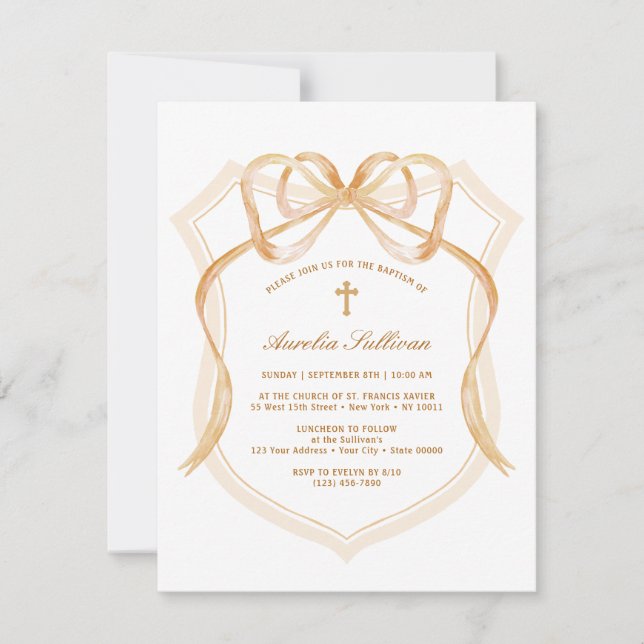 Invitación Bautismo Escudo Beige Bow (Anverso)